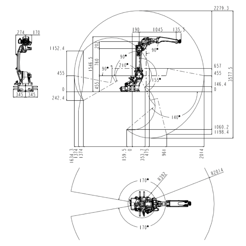 ROBOT SIZE DIMENSION & MAXIMUM MOTION RANGE VBR6-2000H